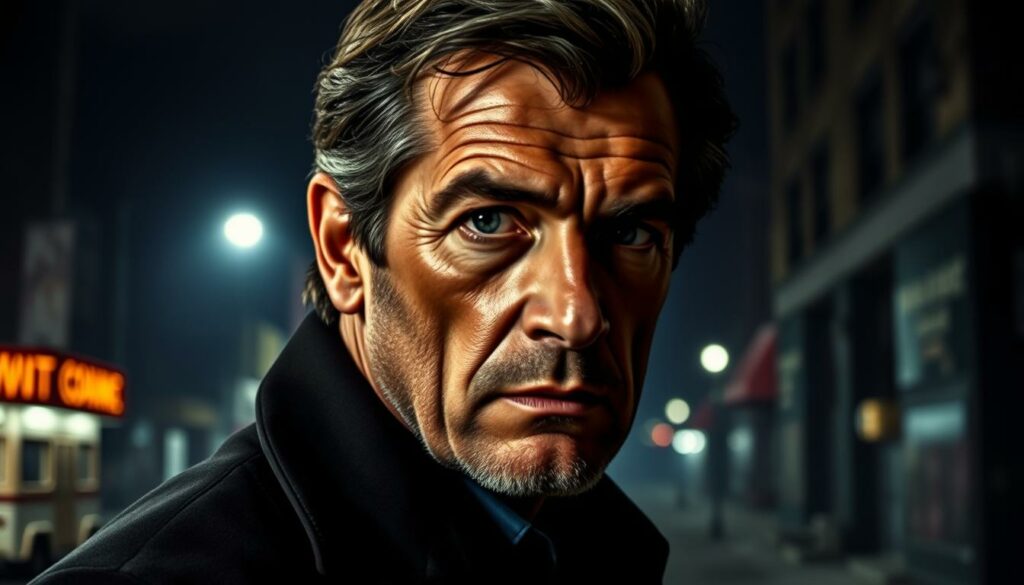 A brooding, middle-aged Timothy Dalton gazes thoughtfully, his piercing eyes conveying a pensive, melancholic mood. He stands amidst a dimly lit, gritty urban setting, the backdrop of a decaying cityscape hinting at the diverse roles he's taken on since his iconic tenure as James Bond. Subtle lighting accentuates the rugged planes of his face, reflecting the depth and versatility of his acting career beyond the 007 franchise. The scene evokes a sense of introspection and the resilience of an acclaimed performer who has navigated the complexities of the entertainment industry with grace and tenacity.