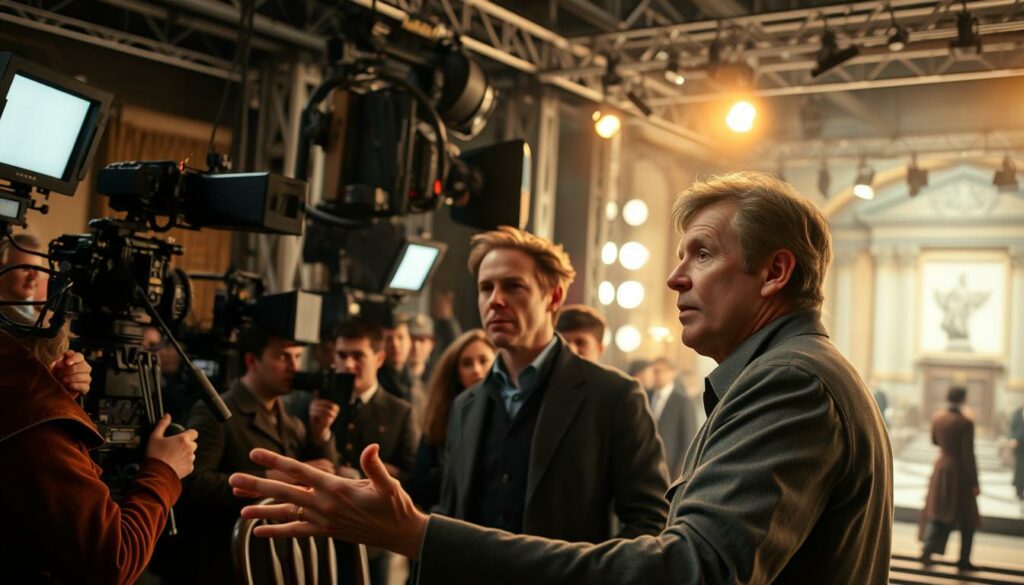 A bustling film set, cameras and crew in action, capturing the making of "Ein Quantum Trost". In the foreground, a director with a determined expression, gesturing animatedly as actors in period costumes stand ready. Overhead, lighting rigs cast a warm, cinematic glow, while in the background, a detailed period set fills the frame, hinting at the grand scale of the production. The atmosphere is one of focused intensity, with a palpable sense of the creative process unfolding. A behind-the-scenes glimpse into the meticulous crafting of a cinematic masterpiece.