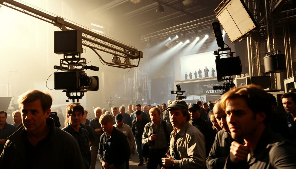 A bustling film set capturing the behind-the-scenes of the making of "Never Say Never Again". In the foreground, actors and crew members are engaged in various tasks, their expressions focused and determined. In the middle ground, a large camera crane sweeps across the scene, capturing the action from an elevated angle. In the background, a series of elaborate sets and lighting rigs suggest the intricate technical aspects of the production. The atmosphere is one of organized chaos, with a palpable sense of energy and excitement as the team works to bring this iconic James Bond film to life. The lighting is a mix of natural daylight and carefully placed artificial sources, creating a cinematic, high-contrast look that enhances the drama of the scene.