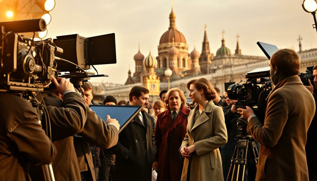 A bustling film set in Moscow, 1963. In the foreground, a director meticulously orchestrates the action, surrounded by a crew of dedicated technicians operating vintage cameras and lighting equipment. The middle ground reveals the lead actors, dressed in period-accurate attire, engaged in an intimate dialogue, their expressions conveying the intrigue and romance of the iconic spy thriller "Liebesgrüße aus Moskau". In the background, the iconic domes and spires of the Kremlin loom, hinting at the geopolitical tensions that permeate the narrative. The scene is bathed in a warm, golden glow, evocative of the cinematic style of the era, creating an atmosphere of nostalgia and cinematic grandeur.