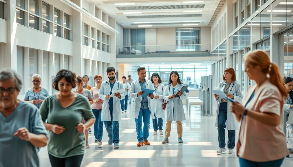 A bustling hospital campus, with a focus on the cancer ward. In the foreground, patients of various ages and backgrounds engage in light physical activity, guided by attentive medical staff. In the middle ground, a team of oncologists and nurses review patient charts, discussing the latest advancements in cancer prevention and aftercare. The background features a state-of-the-art medical research facility, where scientists work diligently to develop new therapies. Warm, natural lighting bathes the scene, conveying a sense of hope and progress in the fight against cancer. The overall atmosphere is one of collaboration, empowerment, and a steadfast commitment to improving patient outcomes through comprehensive, holistic care.