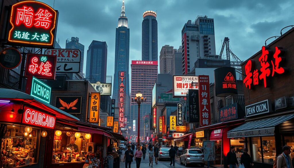 A bustling urban landscape, showcasing the diverse regional offerings of the erotic market. In the foreground, vibrant neon signs and street vendors peddle their wares, creating an alluring and sensual atmosphere. The middle ground features a mix of upscale boutiques, discreet private establishments, and seedy back-alley dens, each catering to a different clientele. In the background, towering skyscrapers and busy thoroughfares suggest the scale and breadth of this thriving, yet clandestine industry. The lighting is a mix of warm, inviting tones and sultry shadows, lending an air of mystery and intrigue. Captured through a wide-angle lens, the image conveys the regional diversity and multifaceted nature of the erotic market.