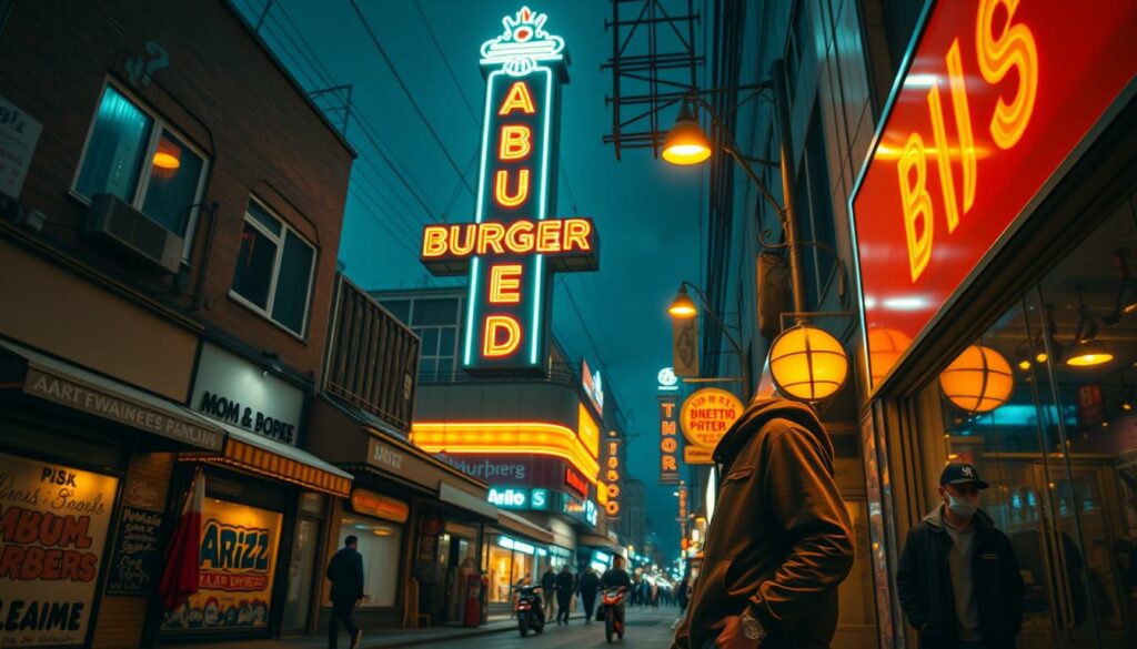 A bustling urban street in the Hamburger Kiez neighborhood, with a towering neon-lit sign for a famous burger joint casting a warm glow over the scene. Gzuz, the renowned rapper, stands in the foreground, casually leaning against the wall, his signature streetwear style on full display. The backdrop is a vibrant mix of mom-and-pop shops, graffiti-covered walls, and the lively energy of the local community. The lighting is a moody combination of warm streetlights and cool neon, creating a cinematic atmosphere that captures the essence of Gzuz's journey from the Kiez to rap stardom. The camera angle is slightly elevated, giving a sense of depth and scale to the urban landscape.