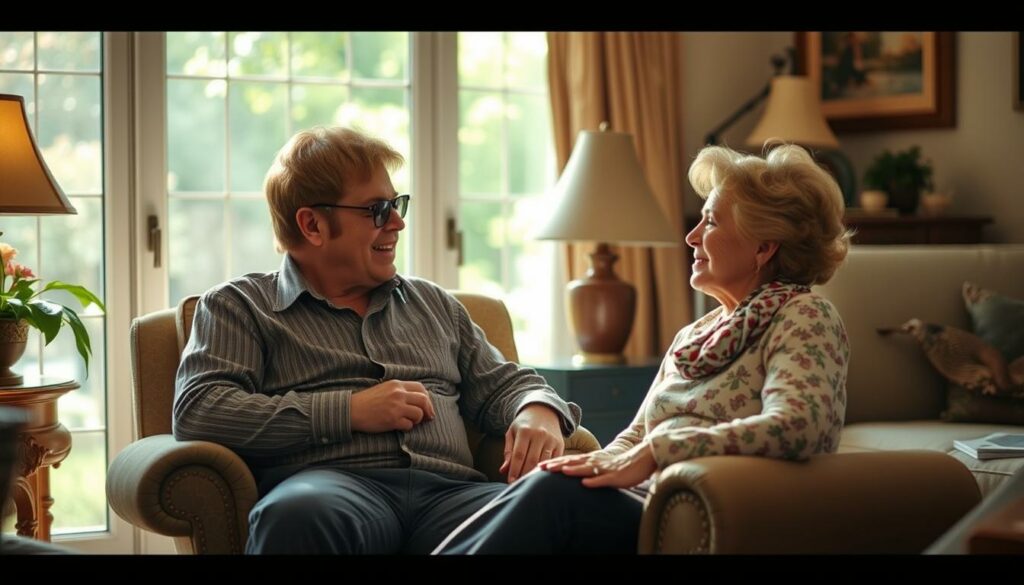 A candid, intimate portrait of Elton and his wife Yvonne Duszat enjoying a private moment together. The couple is relaxing in a cozy, sun-dappled living room, surrounded by the comforts of their home. Elton sits comfortably in an armchair, engaged in a warm conversation with Yvonne, who is perched on the arm of the chair, gazing at him with affection. The lighting is soft and natural, highlighting the genuine connection between the two. The scene conveys a sense of domestic bliss and the private joys of their long-lasting marriage, away from the public spotlight.