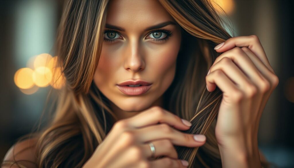 A captivating close-up shot of Leni Klum, the alluring German model, as she styles her long, lustrous hair. Soft, warm lighting accentuates her striking features and flawless complexion, lending an ethereal, almost goddess-like quality to the scene. The depth of field is shallow, drawing the viewer's attention to Leni's mesmerizing gaze and the intricate, delicate movements of her fingers as she tenderly shapes her locks. The background is blurred, hinting at a luxurious, high-end setting that complements Leni's chic, fashionable aesthetic. The overall mood is one of effortless beauty, sophistication, and the captivating allure that has made Leni Klum a true style icon.