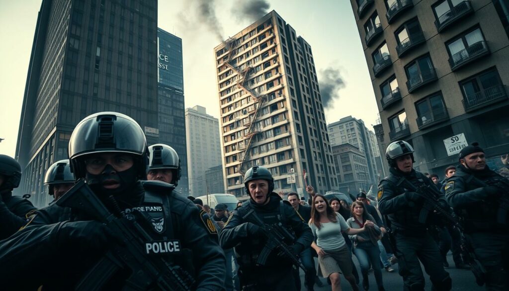 A chaotic police operation unfolds in a tense urban setting. In the foreground, a group of heavily armed officers in tactical gear secure the perimeter, their faces grim with determination. The middle ground reveals panicked civilians fleeing the scene, their expressions etched with fear. In the background, a towering building stands as the focal point, its windows shattered and smoke billowing from its upper floors. Dramatic chiaroscuro lighting casts deep shadows, heightening the sense of urgency and danger. The scene is captured with a cinematic wide-angle lens, conveying a sense of scale and immersion. This image evokes the intensity and high-stakes nature of a crisis response, capturing the chaos and gravity of a security incident.