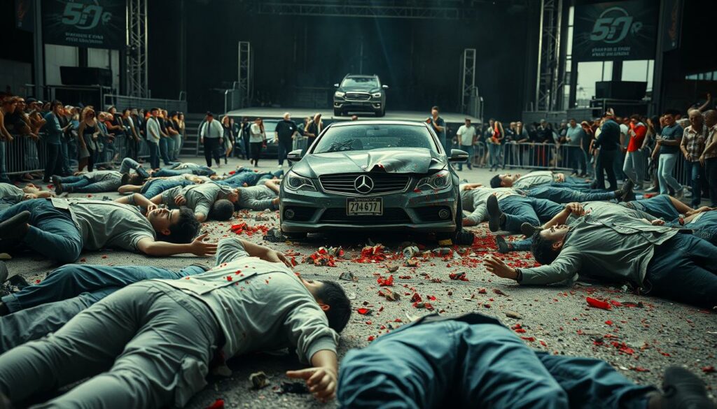 A chaotic scene of a car stunt show gone wrong. In the foreground, crumpled bodies lie scattered, their limbs at unnatural angles, blood and glass shards strewn across the ground. A wrecked car rests at the center, its front end smashed beyond recognition. In the middle ground, panicked onlookers flee the scene, their faces twisted in horror. The background is blurred, but the remnants of the stunt setup are visible - ramps, barriers, and the stage from which the ill-fated performance began. The lighting is harsh, casting deep shadows that emphasize the drama and destruction. The camera angle is low, capturing the full scale of the tragedy from an immersive, ground-level perspective.