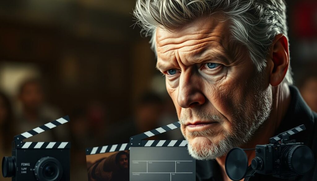 A cinematic close-up of Eric Dane, the renowned American actor, in an intense, pensive expression. The lighting is dramatic, casting shadows across his rugged features, conveying the weight of his experiences. In the middle ground, a collage of film reels, clapperboards, and cameras, representing his diverse film and television projects. The background is blurred, hinting at the bustling film industry, with a sense of movement and energy. The overall atmosphere is one of dedication, resilience, and a steadfast commitment to his craft, despite the challenges he has faced.