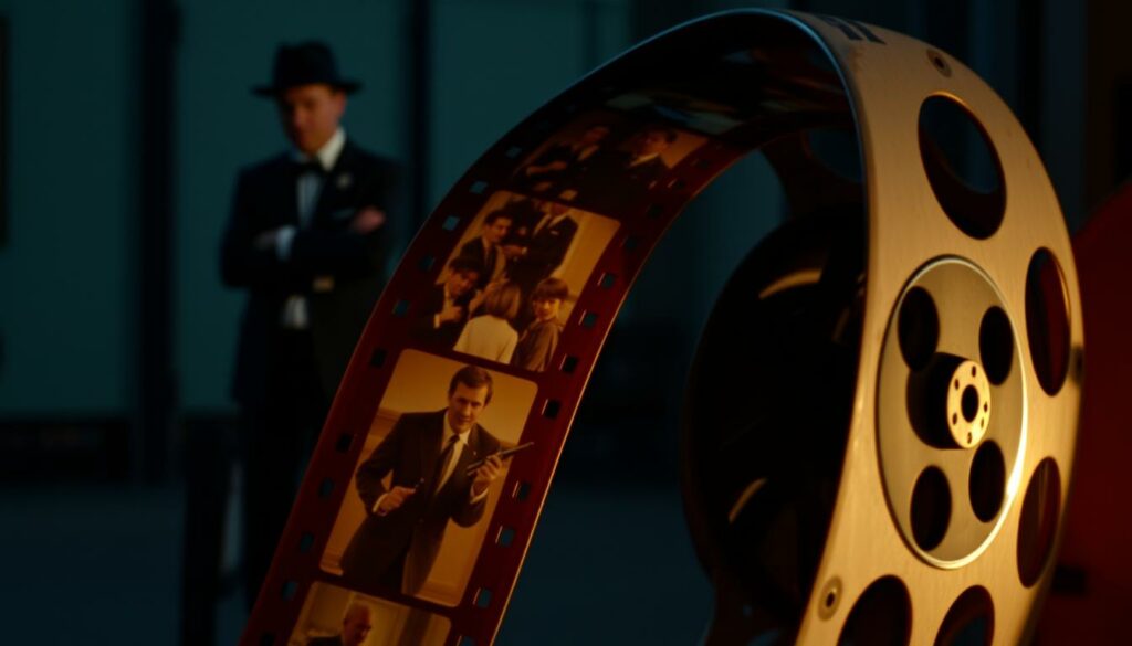 A cinematic close-up shot of a film reel spooling out, revealing a series of iconic scenes from "On Her Majesty's Secret Service" (1969). The reel's surface is worn and weathered, hinting at the film's storied history. In the background, a shadowy figure stands, arms crossed, observing the unfolding narrative. The lighting is moody, with deep shadows and highlights that evoke the film's complex critical reception, from initial flop to eventual cult classic status. The overall composition conveys a sense of retrospection and reappraisal, inviting the viewer to re-evaluate this overlooked Bond installment.