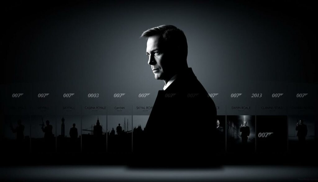 A cinematic comparison of Daniel Craig's Bond films, set against a sleek, high-contrast backdrop. In the foreground, profile shots of Craig as 007, his steely gaze and stoic expression capturing the essence of the modern, gritty Bond. In the middle ground, key scenes and action sequences from his iconic films - the silhouetted skyline of Skyfall, the shadowy chase in Casino Royale, the moody tones of Quantum of Solace. The background features a grid-like layout, with minimalist renderings of each film's title and release year, creating a sense of cinematic history and evolution. Cinematic lighting accentuates the chiaroscuro effect, casting dramatic shadows and highlights to convey the tone and intensity of Craig's tenure as the iconic British spy.