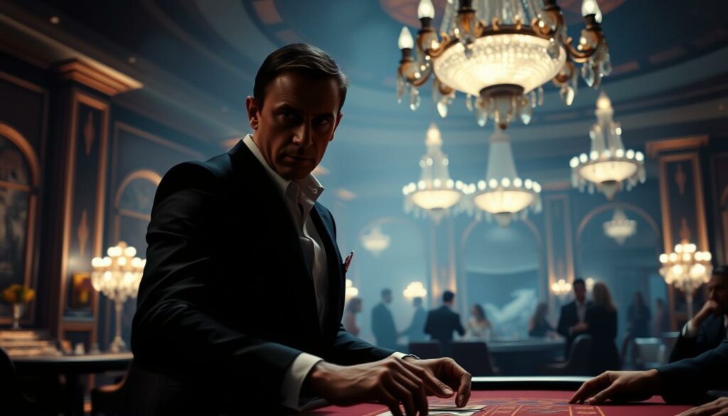 A cinematic, high-contrast scene of James Bond in the iconic "Casino Royale" setting. In the foreground, Daniel Craig as Bond stands at a gaming table, his piercing gaze fixed on the cards before him. Dramatic chiaroscuro lighting casts dramatic shadows, accentuating the character's intensity and determination. In the middle ground, the elegant casino interior unfolds, with art deco décor, crystal chandeliers, and well-dressed patrons observing the high-stakes game. The background blurs into a hazy, dreamlike atmosphere, hinting at the larger intrigue and danger that surrounds this pivotal moment in the Bond franchise. An atmospheric, cinematic interpretation capturing the essence of "Casino Royale" and the start of a new era for the legendary secret agent.