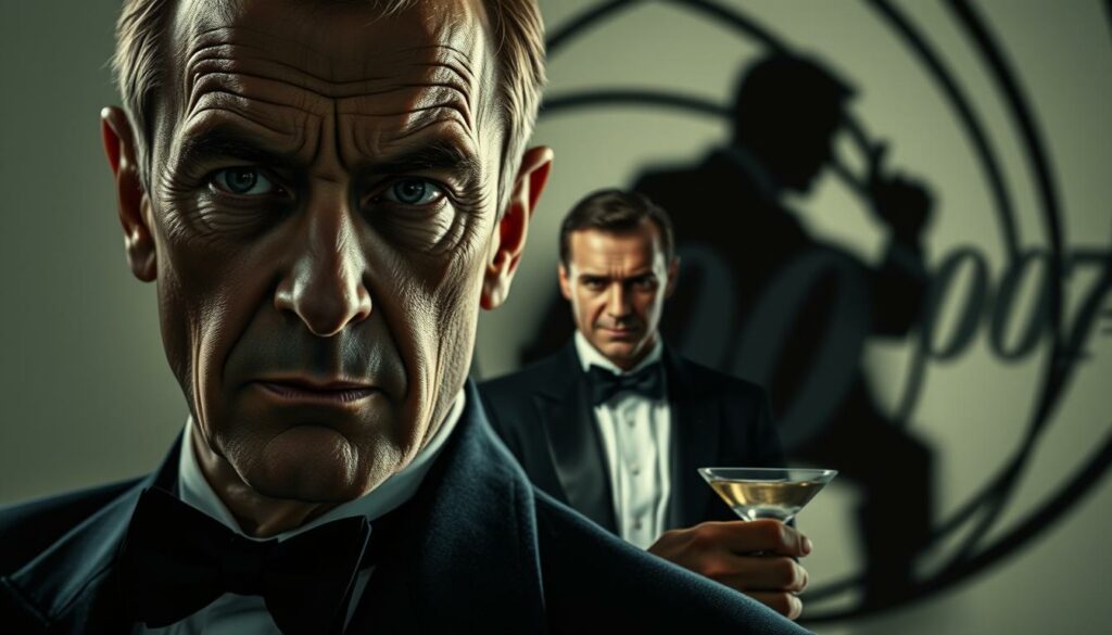 A cinematic portrait of Sean Connery's enduring legacy as James Bond, the suave and sophisticated secret agent who defined the character for generations. In the foreground, a close-up of Connery's iconic face, his piercing gaze and distinctive features rendered with photorealistic detail. The middle ground features Connery in his most famous Bond role, dressed in a tailored tuxedo, poised with a martini glass in hand. In the background, a shadowy silhouette of the 007 logo, symbolizing the indelible mark Connery left on the franchise. The lighting is dramatic, with chiaroscuro effects casting a pensive, reflective mood, honoring the passing of this legendary actor and the timeless legacy he created.