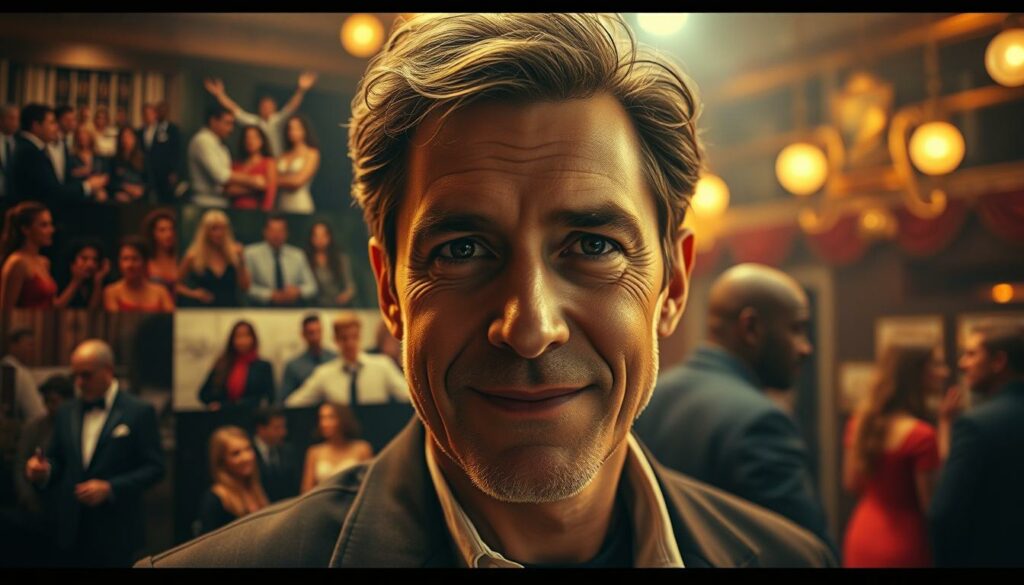 A cinematic portrait of actor André Kaczmarczyk's career journey, shot with a vintage film lens in warm, moody lighting. In the foreground, a close-up of his face, brimming with poise and charisma. In the middle ground, a collage of scenes depicting his diverse roles, from stage to screen. The background hints at the glamour and hard work of the entertainment industry, with a sense of motion and energy. The overall atmosphere evokes a sense of nostalgia and artistic flair, capturing the essence of Kaczmarczyk's remarkable career.