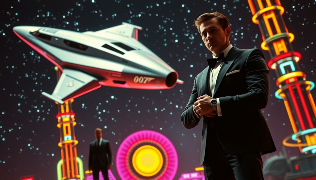 A cinematic space opera set against a starry night sky. In the foreground, a sleek, silver spacecraft resembling the iconic Moonraker shuttle soars through the cosmos, its futuristic design evoking the technological prowess of the Bond franchise. In the middle ground, a lone figure, clad in a tailored tuxedo, stands poised with a gadget-laden wristwatch, hinting at the suave espionage and high-stakes adventure that defines the James Bond experience. The background is a kaleidoscope of vibrant, retro-futuristic elements - pulsing neon lights, holographic displays, and a sense of boundless possibility that captures the science-fiction zeitgeist of the era. The overall atmosphere is one of thrilling futurism, where the classic Bond formula meets the boundless imagination of the space age.