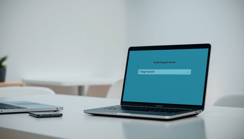 A clean, modern desk with a laptop, smartphone, and wireless router. The router is the focal point, its sleek design and glowing LED lights prominent. The laptop screen displays the "WLAN-Passwort ändern" menu, with a cursor hovering over the "Change Password" option. Soft, diffused lighting from above illuminates the scene, creating a calm, focused atmosphere. The background is blurred, with a minimalist, office-like setting visible in the distance. The overall impression is one of efficiency, technology, and the routine task of updating a home network's security.