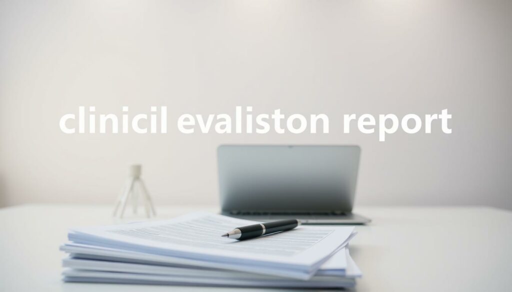 A clinical evaluation report with a clear title and a neutral, professional design. In the foreground, a stack of papers with a pen resting on top, representing the assessment materials. The middle ground features a simple, minimalist desk with a laptop, creating a sense of a controlled, focused environment. In the background, a plain, uncluttered wall with subtle lighting, conveying a calm, analytical atmosphere. The overall composition suggests a serious, diagnostic process without distracting elements, aligned with the subject matter of the article.