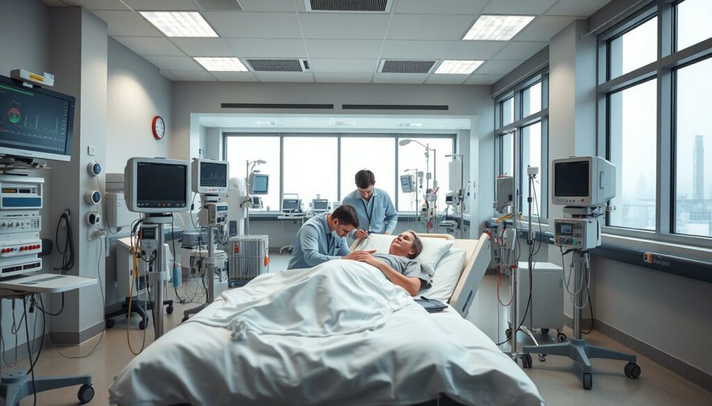 A clinical interior with a modern, well-equipped intensive care unit. In the foreground, a hospital bed surrounded by state-of-the-art medical equipment, monitors, and IV stands. Nurses and doctors tending to a patient, their expressions focused and determined. The middle ground features a spacious, bright room with large windows, allowing natural light to flood the space. The background showcases the clinic's clean, sterile design with muted tones and minimalist decor, conveying a sense of professionalism and care. The overall atmosphere is one of attentive medical staff, advanced technology, and a calm, reassuring environment, reflecting the seriousness of the patient's condition.
