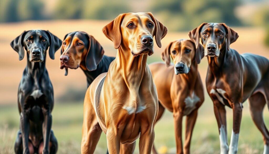 A close-up comparison of a Deutsch-Kurzhaar dog standing proudly alongside other popular short-haired dog breeds. Soft natural lighting illuminates the Deutsch-Kurzhaar's muscular build, glossy coat, and alert expression. The middle ground features the contrasting silhouettes and features of breeds like the Vizsla, Weimaraner, and Brittany Spaniel. The background blurs into a tranquil countryside setting, allowing the dogs' characteristics to take center stage. The overall composition conveys the distinctive qualities and appeal of the Deutsch-Kurzhaar breed within the broader context of short-haired canine companions.