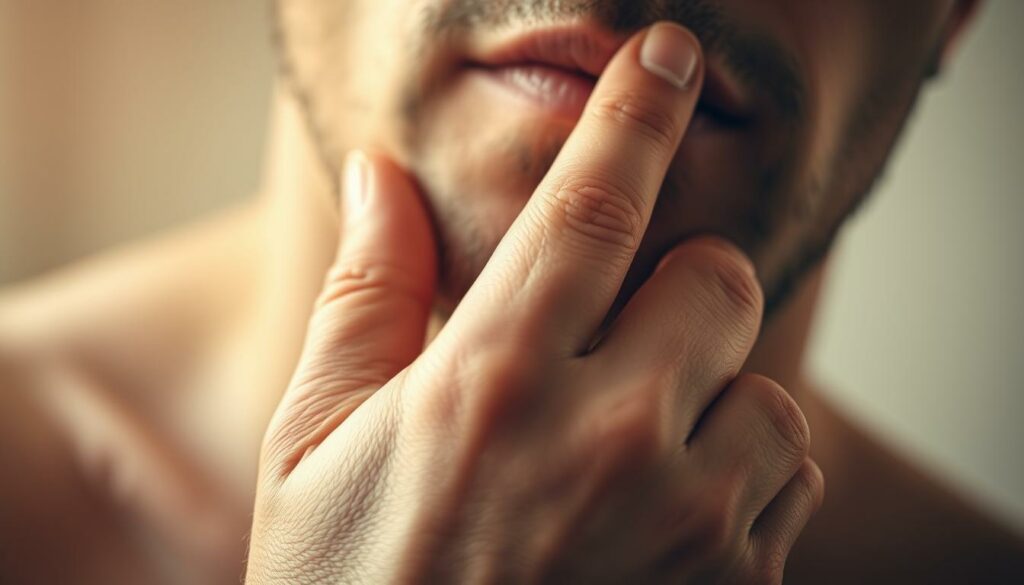 A close-up illustration of a man's hand gently massaging and manipulating the penis, highlighting the technique of Jelqing. The skin is smooth and lifelike, with subtle details like pores and creases. The lighting is soft and diffused, creating a warm, natural look. The background is blurred, keeping the focus on the main subject. The overall mood is educational and informative, conveying the effectiveness of Jelqing for penis enlargement in a tasteful, clinical manner.