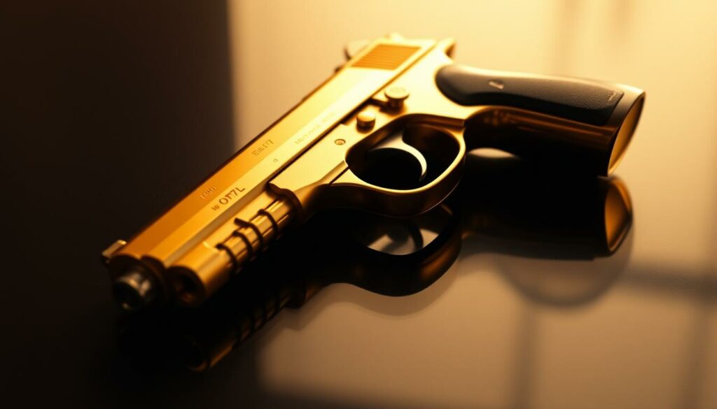 A close-up of the iconic golden gun from the James Bond film "The Man with the Golden Gun" (1974). The sleek, metallic pistol rests on a dark, reflective surface, casting a dramatic shadow. Soft, warm lighting illuminates the intricate details of the weapon, highlighting its smooth, golden finish. The image conveys a sense of mystery and danger, perfectly capturing the essence of the film's iconic villain, Francisco Scaramanga, played by the legendary Christopher Lee.