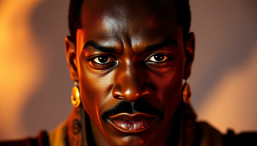 A close-up portrait of Eddie Murphy as "The Golden Child" from the 1986 fantasy-adventure film. Warm, cinematic lighting illuminates his face, capturing his focused yet enigmatic expression. His features are rendered in stunning detail, conveying the character's mystical powers and otherworldly charm. The background is subtly blurred, keeping the attention on Murphy's striking presence. The overall mood is one of intrigue and mystery, hinting at the fantastical elements of the film. This image would perfectly illustrate the section on Eddie Murphy's relationship with science fiction and genre films.