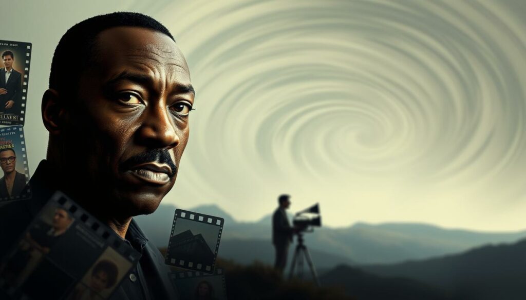 A close-up portrait of Eddie Murphy, his expression pensive and wistful, set against a hazy, dreamlike background. The lighting is soft and muted, creating a nostalgic atmosphere. In the foreground, a collage of film reels and movie posters hint at the roles he nearly landed, their edges blurred and faded, suggesting the "what-ifs" of his illustrious career. The middle ground features a silhouetted figure, perhaps a director or producer, contemplating the missed opportunities. The background is a swirling, abstract landscape, evoking the endless possibilities that could have been.