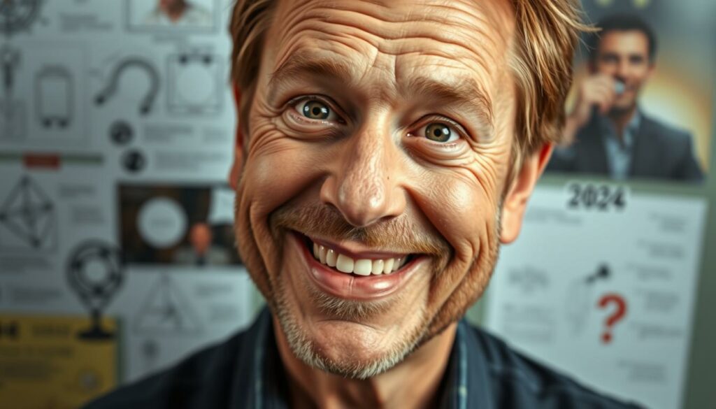 A close-up portrait of Hape Kerkeling, the beloved German comedian and TV personality, against a backdrop of his upcoming projects for 2024. Kerkeling's warm, friendly expression conveys his enthusiasm for his new endeavors, which are visible in the form of concept sketches, production notes, and other visual elements strategically placed in the middle ground. The lighting is soft and flattering, highlighting Kerkeling's features and creating a sense of intimacy. The overall mood is one of anticipation and excitement, reflecting the public's eagerness to see what the entertainer has in store for his comeback.