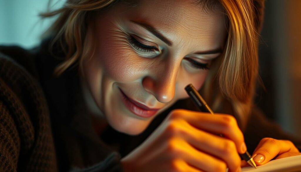 A close-up portrait of Kaja Schmidt-Tychsen, a German actress, handwriting a heartfelt letter of gratitude to her devoted fans. The camera captures a warm, intimate moment, as Kaja's face is illuminated by soft, diffused lighting, conveying a sense of sincere appreciation. The letter's text is not legible, but the emotion and care in her expression are palpable. The background is blurred, keeping the focus on Kaja and her personal message. The image exudes a quiet, contemplative atmosphere, reflecting the sincerity and importance of this gesture.