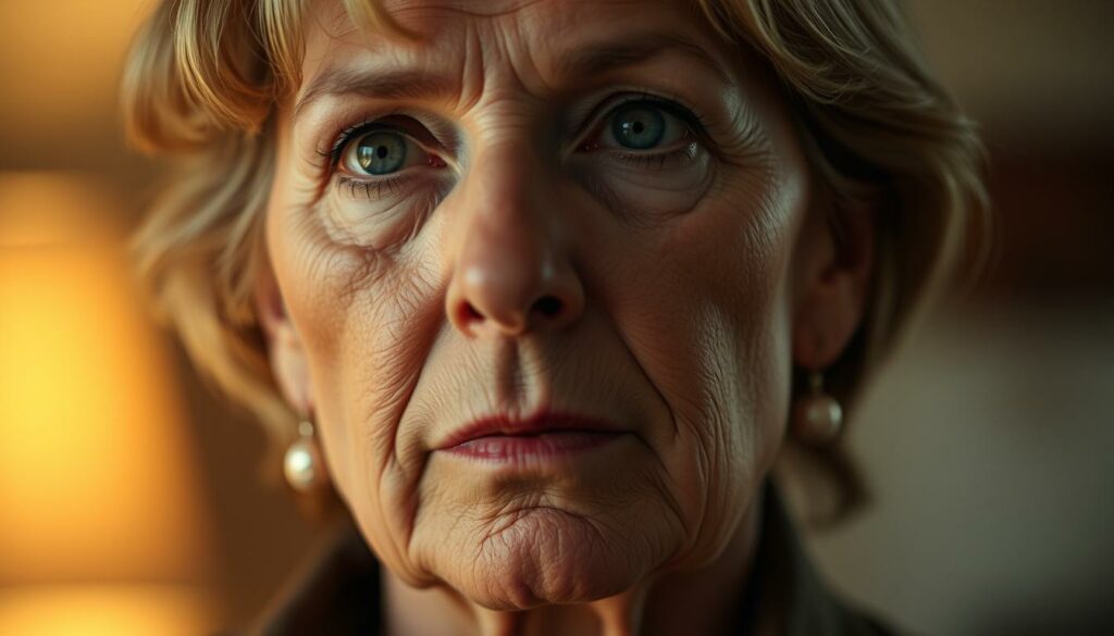 A close-up portrait of Kelly McGillis, her face the centerpiece of the frame. Her features are softly lit, revealing the subtle transformations of age and experience etched into her skin. The background is blurred, placing the focus entirely on her introspective gaze, her eyes conveying a sense of resilience and personal growth. The lighting is warm and intimate, casting a gentle glow that accentuates the depth and wisdom in her expression. The overall mood is contemplative, inviting the viewer to reflect on the personal journey and inner strength that have shaped this remarkable individual.