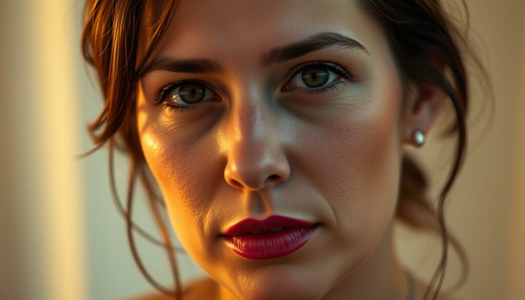 A close-up portrait of Mia Julia Botschaft, a Mallorca-based German singer, against a soft, blurred background. Mia's face is illuminated by warm, natural lighting, her expression conveying a message of strength and resilience. Her gaze is direct and determined, drawing the viewer in. The image has a cinematic, high-quality aesthetic, with a shallow depth of field and a focus on Mia's face. The overall mood is somber yet hopeful, reflecting the gravity of the subject matter while conveying Mia's resolve to speak out against violence and support those affected.