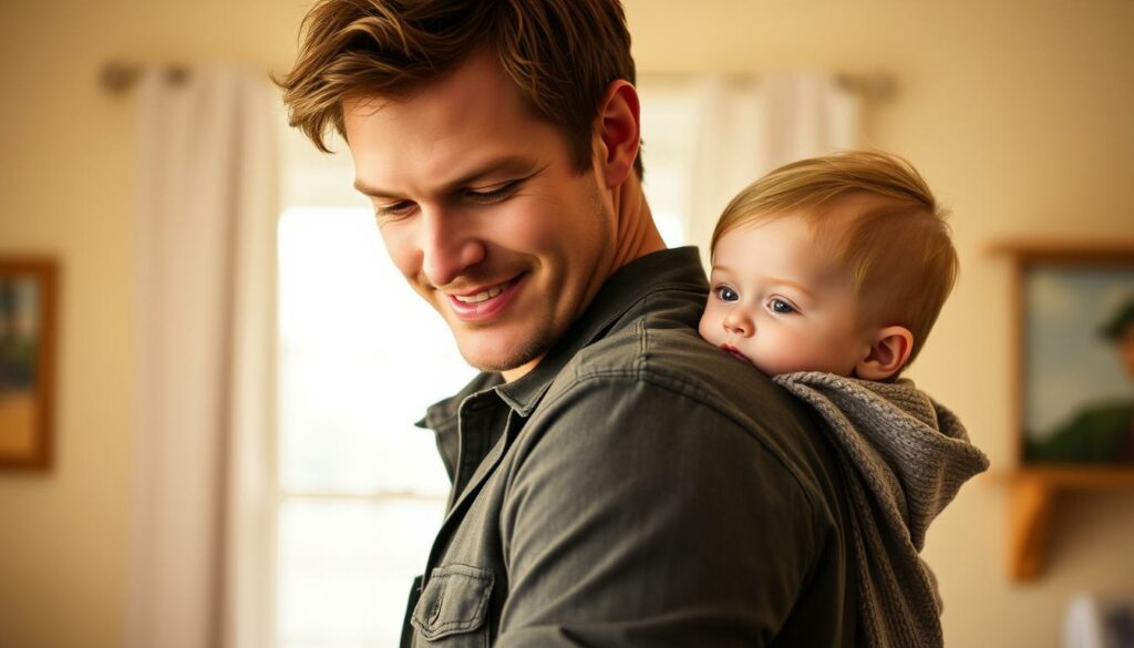 A close-up portrait of Robin Lewe, the brother of Sarah Connor, in a warm, natural lighting. He stands in a cozy, domestic setting, wearing a casual outfit and holding a young child on his hip, likely his own. His expression is warm and affectionate as he gazes down at the child, conveying a sense of familial love and the joy of fatherhood. The background is softly blurred, creating a focus on the intimate moment between Robin and the child. The overall atmosphere is one of comfort, happiness, and the cherished bond between a parent and their child.