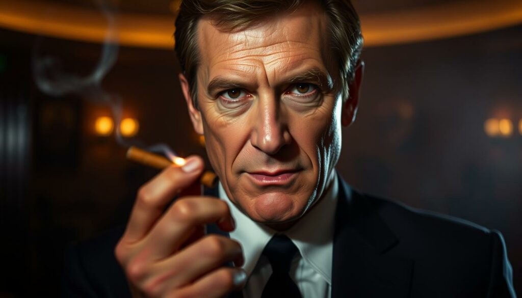 A close-up portrait of Roger Moore as James Bond, holding a lit cigar between his fingers. He exudes a suave, confident demeanor, his piercing gaze gazing directly at the viewer. Soft, dramatic lighting illuminates the details of his face, highlighting his distinguished features and faint smile. The background is a dimly lit, smoky room, evoking the atmosphere of a high-stakes casino or exclusive gentlemen's club. The composition emphasizes Moore's commanding presence, capturing the essence of his debonair interpretation of the iconic 007 character in his first outing, "Live and Let Die."