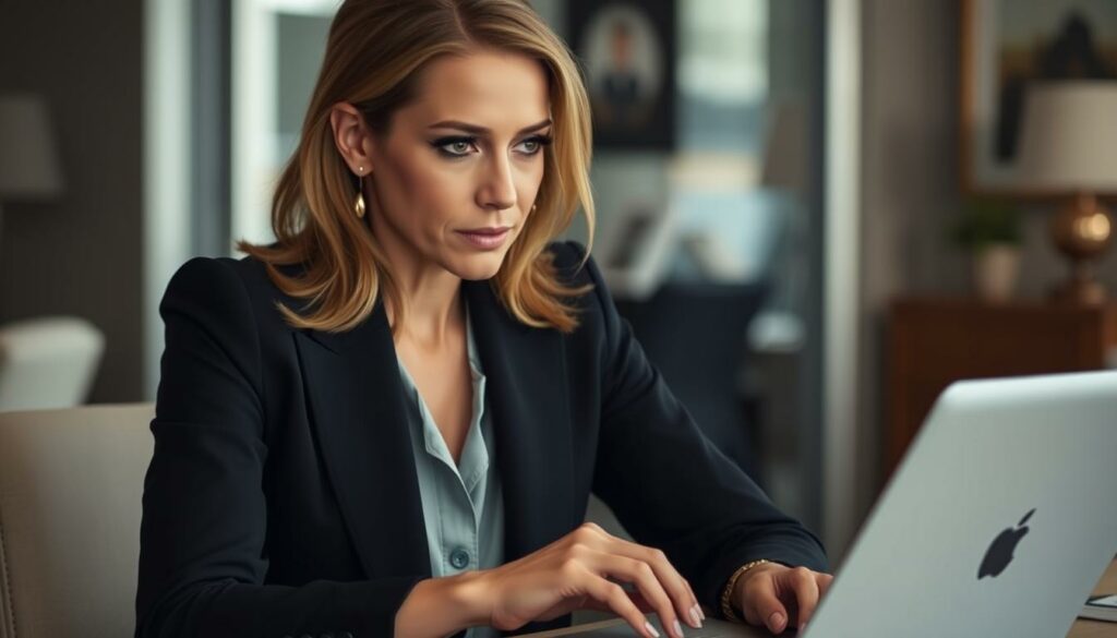 A close-up portrait of Sarah Jessica Parker, dressed in a sophisticated business attire, sitting at a desk and working intently on a laptop. Her hair is neatly styled, and she has a pensive, focused expression on her face, conveying her role as a driven and successful producer and entrepreneur. The lighting is soft and flattering, illuminating her features and creating a sense of professionalism and authority. The background is blurred, with hints of office furnishings and decor, emphasizing the subject and her work. The overall mood is one of confidence, dedication, and a strong sense of purpose.