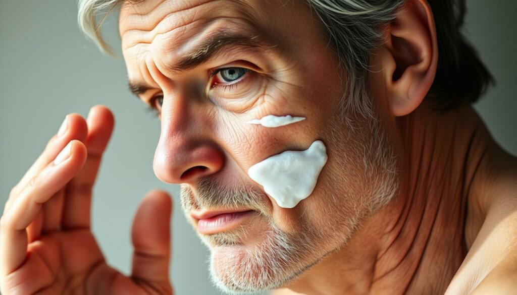 A close-up portrait of a middle-aged man applying sunscreen to his face in natural lighting. The man has a thoughtful expression as he carefully smooths the product onto his skin. The image is shot at an angle that emphasizes the man's face and hands, highlighting the importance of sun protection. The background is blurred, placing the focus on the man's grooming routine. The lighting is soft and diffused, creating a calm, relaxed atmosphere. The overall mood conveys the idea of sun protection as an essential anti-aging measure for men.