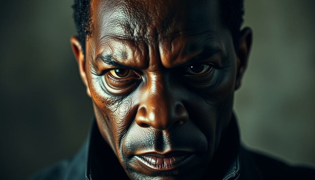A close-up portrait of acclaimed actor Samuel L. Jackson, known for his intense and memorable roles in films where he often meets an untimely demise. Dramatic lighting casts dramatic shadows across his weathered face, conveying a sense of danger and mortality. The background is blurred, placing the focus solely on Jackson's piercing gaze and steely expression, hinting at the turbulent on-screen fates that have become a trademark of his iconic cinematic legacy. Captured with a sharp, high-resolution lens to accentuate every nuanced detail of the performer's striking features.
