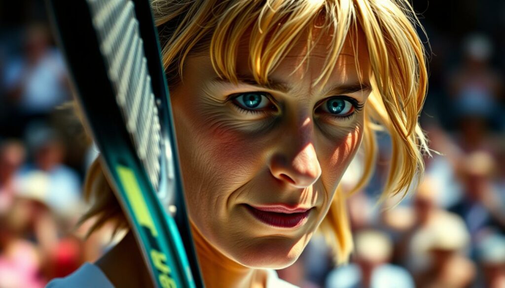 A close-up portrait of tennis legend Steffi Graf, her face etched with determination and resilience. She stands on a tennis court, her racket gripped tightly, as she prepares for a comeback after a debilitating injury. The lighting is dramatic, casting shadows that accentuate the lines of her face, conveying the intensity of her focus. In the background, the crowd is blurred, their cheers muted, as the camera hones in on Graf's unwavering gaze, capturing the essence of her journey through the highs and lows of her storied career.