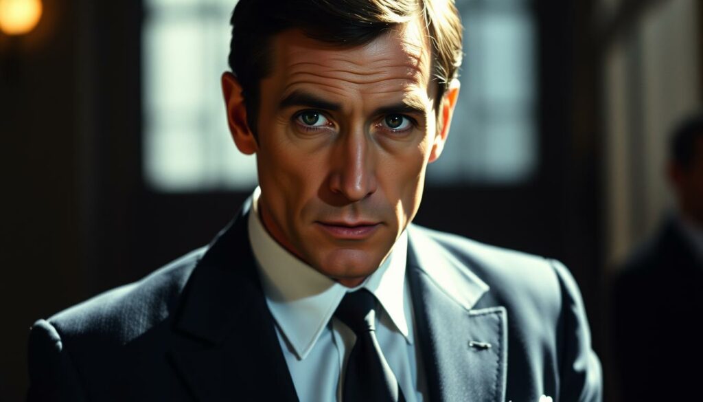 A close-up shot of George Lazenby, the only actor to portray James Bond for a single film, On Her Majesty's Secret Service. Lazenby stands in a stylish 1960s suit, his piercing gaze directed at the camera. The lighting is dramatic, with shadows accentuating his chiseled features. The background is blurred, placing the focus squarely on Lazenby's portrayal of the iconic secret agent. The mood is one of intensity and professionalism, reflecting the seriousness with which Lazenby approached the role, despite his relative inexperience. The high-quality image captures the essence of Lazenby's brief but memorable tenure as James Bond.