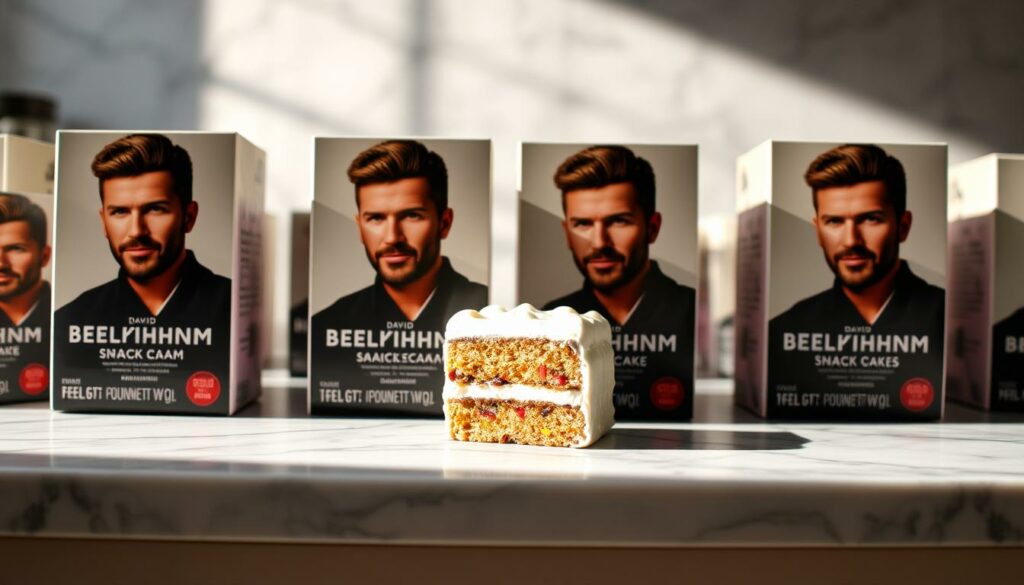 A close-up view of a variety of David Beckham-themed snack cakes, featuring his iconic portrait on the packaging. The cakes are arranged neatly on a marble countertop, with a soft, natural lighting illuminating the scene. The composition highlights the intricate details of the snack cakes, such as the textures of the frosting and the vibrant colors of the packaging. The overall mood is one of sophistication and premium quality, reflecting the high-end nature of the new snack line. The image captures the essence of the article's subject and the section title, showcasing the unique and delectable snacks that are part of David Beckham's latest venture.