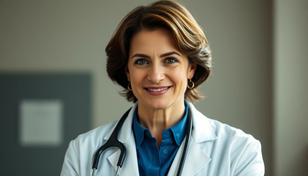 A closeup portrait of Diana Amft in her signature role as a doctor in the medical drama series "Doctor's Diary". She is shown wearing a white lab coat over a blue blouse, with a stethoscope around her neck. Her expression is warm and caring, conveying the compassionate nature of her character. The lighting is soft and flattering, highlighting her features and creating a sense of intimacy. The background is slightly blurred, placing the focus on Amft's face and upper body. The overall mood is professional yet approachable, capturing the essence of her popular and acclaimed performance in the series.
