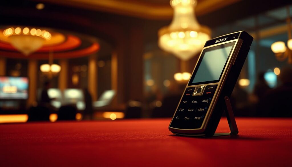 A closeup shot of a Sony Ericsson mobile phone prominently displayed in the foreground, seamlessly integrated into a scene from the iconic James Bond film "Casino Royale". The phone is positioned at a slight angle, its sleek, metallic design reflecting the high-stakes glamour of the casino setting. The background is hazy, with the dimly lit, opulent interiors of the casino visible in the distance, creating a sense of exclusivity and sophistication. Soft, warm lighting bathes the scene, highlighting the phone's polished surface and emphasizing its role as a key prop. The overall composition and lighting work in harmony to convey the subtle, yet effective product placement that was a hallmark of this particular film.