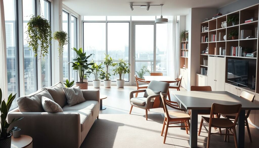 A comfortable, modern apartment with an open-concept living space. Soft natural light filters through large windows, casting a warm glow on the minimalist but cozy furnishings. In the foreground, a plush sofa and armchair in neutral tones face each other, creating an intimate conversation area. Hanging plants and a geometric-patterned rug add organic touches. The middle ground features a clean-lined dining table with simple wooden chairs. Bookshelves line the walls, hinting at the residents' intellectual interests. The background showcases a balcony or terrace, with verdant potted plants and a glimpse of a serene urban landscape beyond. An atmosphere of tranquility and independent living pervades the scene.