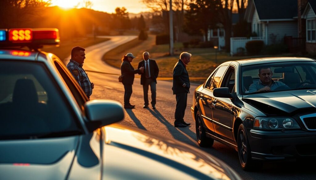 A congressional investigation into a heated road incident, captured in a realistic scene. In the foreground, a police vehicle with flashing lights, its officers examining the scene. In the middle ground, a damaged car, its occupant, a distressed-looking Congressman, being interviewed. In the background, a winding suburban road, flanked by trees and houses, the setting sun casting long shadows. The atmosphere is tense, with a sense of urgency and seriousness as the investigation unfolds. Lighting is natural, with a warm, golden hue. The camera angle is slightly elevated, providing a comprehensive view of the unfolding events.