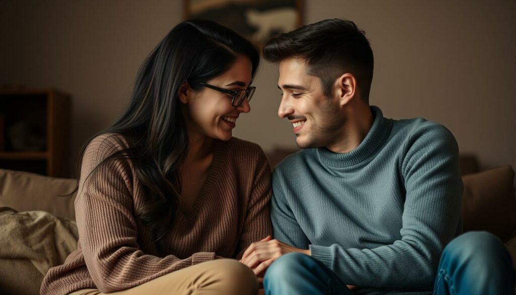 A couple engaged in open, honest communication about their intimate desires. The partners are seated facing each other, their expressions conveying trust, vulnerability, and mutual understanding. Warm, muted lighting creates a cozy, intimate atmosphere. The background is blurred, keeping the focus on the couple's connection. Subtle textures and soft, earthy tones evoke a sense of comfort and intimacy. The overall scene conveys the sensitive yet empowering nature of sharing one's deepest sexual wishes with a trusted partner.