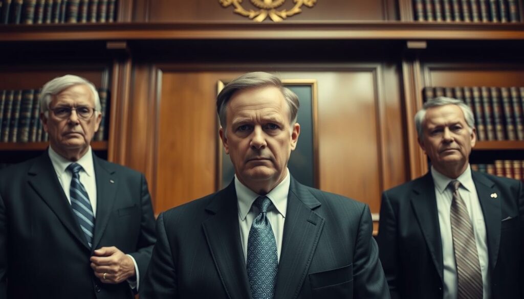 A courtroom scene set against a backdrop of somber legal tomes and polished wood paneling. In the center, a grim-faced Alfons Schuhbeck stands before a stern-looking judge, flanked by attentive lawyers. The lighting is dramatic, casting deep shadows and highlighting the tension in the room. The camera angle is elevated, creating a sense of gravity and importance to the proceedings. The mood is one of solemnity and consequence, reflecting the weight of the legal ramifications Schuhbeck faces. The composition draws the viewer's eye to the central figures, emphasizing the gravity of the situation.