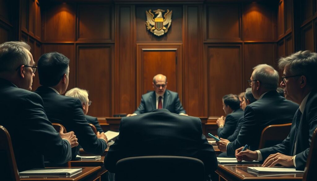 A courtroom scene unfolding, the tension palpable. Lawyers in sharp suits argue passionately before a stern-faced judge, illuminated by the warm glow of oak-paneled walls. Plaintiffs and defendants sit anxiously, awaiting the verdict that will determine the fate of a high-stakes sports betting operation. The mood is serious, the stakes high, as the legal system grapples with the complexities of the modern gambling industry. Dramatic chiaroscuro lighting casts dramatic shadows, lending an air of gravity to the proceedings. The composition is balanced, with the key players arranged symmetrically, putting the judicial process at the center of the frame. This is a pivotal moment, a crossroads where the law and the world of sports betting collide.