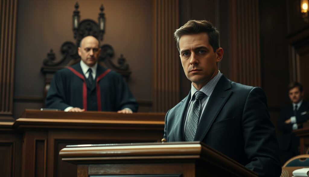 A courtroom scene with Jimi Blue Ochsenknecht standing before a stern-faced judge, dressed in a crisp suit, his expression grave. Soft lighting casts dramatic shadows, heightening the tension. In the foreground, an ornate wooden podium dominates, while behind the judge, a grand, imposing architecture frames the scene, suggesting the gravity of the legal proceedings. The background is blurred, drawing the viewer's attention to the central figures, the focus on the potential consequences facing the actor. The atmosphere is one of solemn contemplation, the weight of the law palpable.