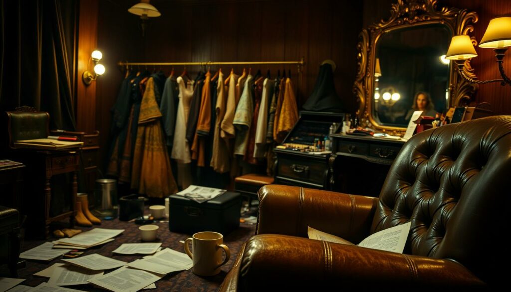 A cozy backstage scene, dimly lit by warm overhead lighting. In the foreground, a well-worn leather armchair sits amidst scattered script pages and a half-empty coffee mug. The middle ground reveals a cluttered makeup table, with various cosmetics and brushes strewn about. In the background, a rack of ornate costumes and a large antique mirror, reflecting the actor's private moments of contemplation. The atmosphere is one of quiet introspection, hinting at the hidden depths and personal experiences that lie behind the public persona.