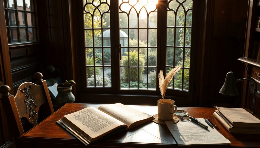 A cozy, dimly lit study with a wooden desk and matching chair. On the desk, an open book, a quill, and a cup of tea sit next to a magnifying glass and a stack of handwritten notes. In the background, a large, ornate window overlooks a lush garden. Sunlight filters in, casting a warm, golden glow throughout the room. The atmosphere is one of contemplation and introspection, as if the viewer has stumbled upon a philosopher's private sanctuary.