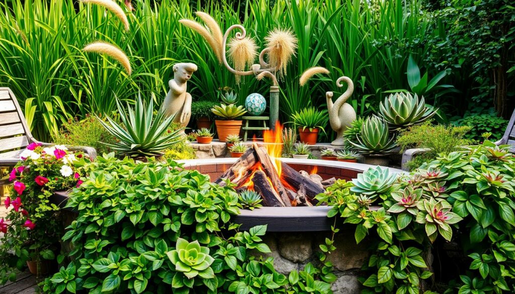 A cozy outdoor scene, a fire pit surrounded by lush, vibrant greenery. In the foreground, a mix of trailing vines, fragrant flowering plants, and sculptural succulents cascade over the edge, creating a natural, overgrown aesthetic. The middle ground features a diverse array of potted plants, each chosen for its unique texture, color, and growth habit, arranged in a visually pleasing composition. In the background, a verdant backdrop of tall grasses and leafy foliage frames the scene, evoking a sense of tranquility and seclusion. Warm, diffused lighting bathes the entire setup, casting gentle shadows and highlights that accentuate the organic forms. The overall mood is one of an inviting, whimsical oasis, where the fire pit is seamlessly integrated into a lush, botanical display.