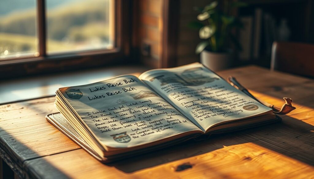 A cozy, rustic-inspired leather-bound journal with a handwritten title "Lukes Reise Buch" rests on a wooden table. The journal's pages are filled with sketches, watercolor paintings, and heartfelt handwritten notes, capturing the essence of a personal journey. Warm, soft lighting casts a comforting glow, creating an atmosphere of reflection and introspection. In the background, a window overlooking a serene landscape, hinting at the inspirations and transformations that shaped the creation of this journal. The composition emphasizes the journal as a tangible representation of the creative process, a physical manifestation of the transition from crisis to inspiration.
